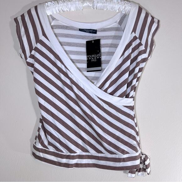 Pourquoi Pas Paris Womens Faux Wrap Surplice Top Sz Medium Brown Cream NWT - Picture 1 of 6